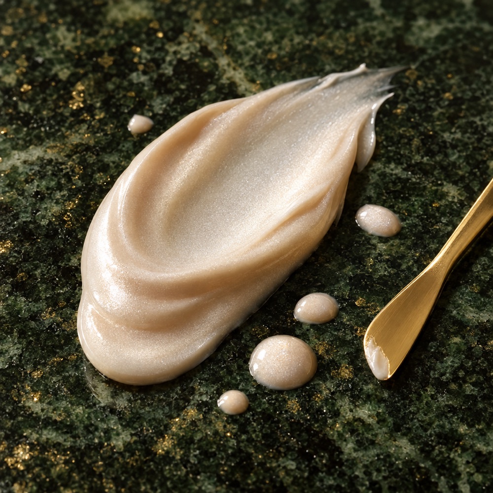 A pearlescent swirl of Lumiôra cream on green granite beside a gold spatula