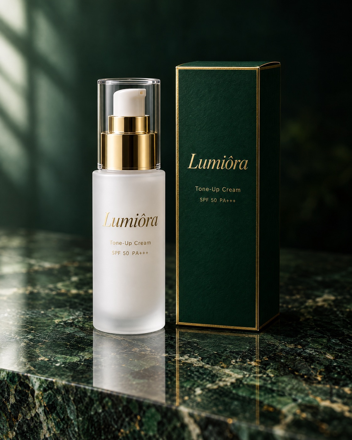 Lumiôra Tone-Up Cream frosted glass pump bottle with gold collar beside its emerald and gold box on a green granite counter