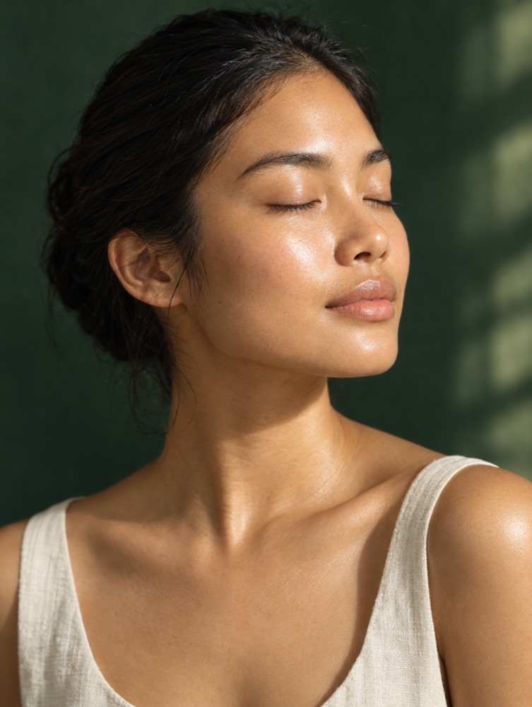 A woman with radiant, even-toned skin in warm window light against a deep green wall